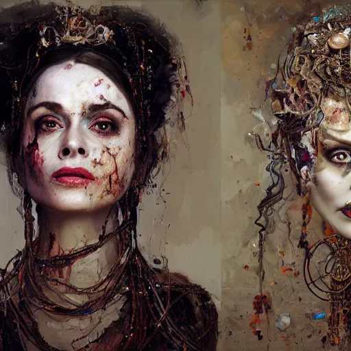 Image similar to expressive oil painting, of helena bonham carter mixed with sophia lauren, bumpy mottled skin full of blood and scars, ornate headpiece made from crystals, cables and wires, body horror, by yoshitaka amano, by greg rutkowski, by jeremyg lipkinng, by artgerm, digital art, octane render