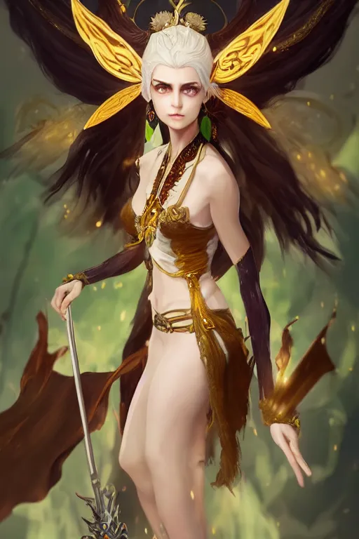 Prompt: beautiful fairy, brown skin, white hair, devil's horn on her head, green eyes and the third eye on her forehead, dressed in dunhuang clothes, with black and gold wings behind her, and a brown scepter in her hand. character design, animation image design, painting by wlop