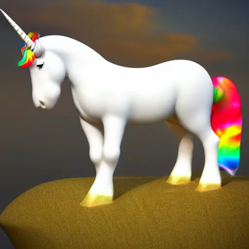 Image similar to whimsical luminescent detailed photo realistic 3d render of a white unicorn with long flowing rainbow colored mane