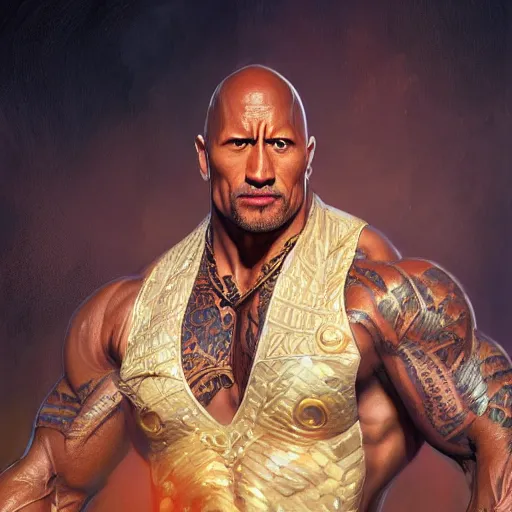 Image similar to Dwayne Johnson, D&D, fantasy, intricate, elegant, highly detailed, digital painting, artstation, concept art, smooth, sharp focus, illustration, art by artgerm and greg rutkowski and alphonse mucha