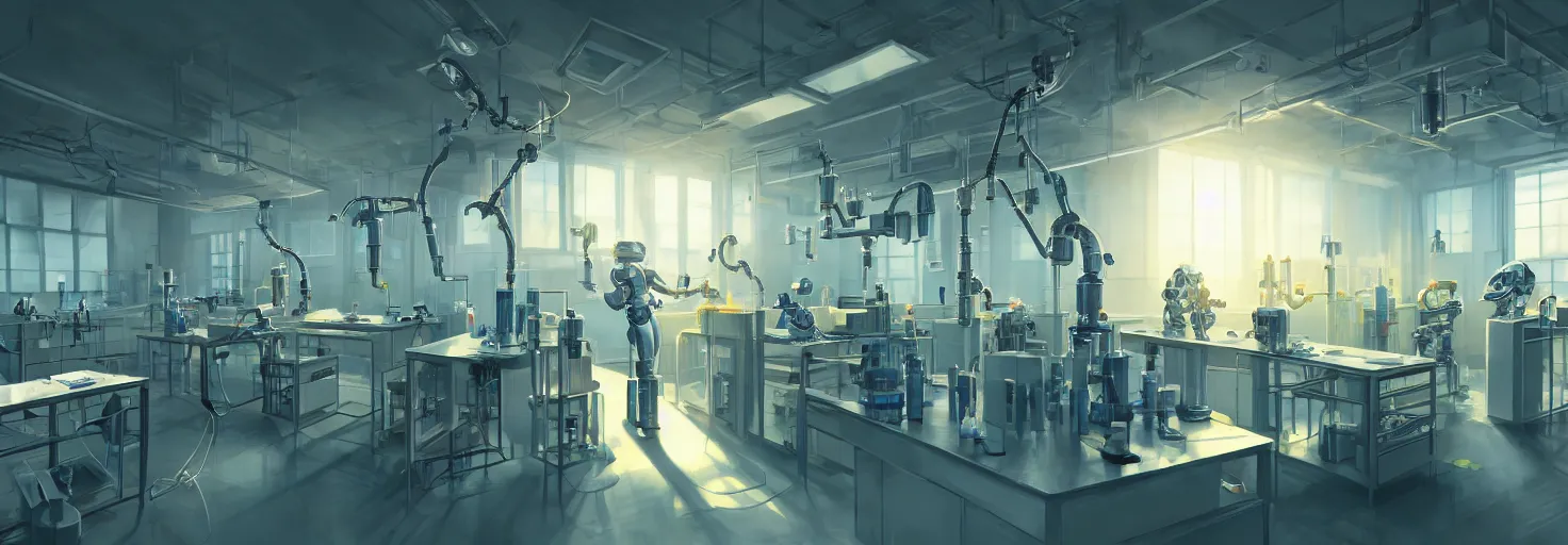 Prompt: brightly sunlit organic chemistry laboratory filled with chemicals run by one abandoned multiarmed bipedal robot, science fiction industrial hard science concept art, 8K render octane high definition cgsociety