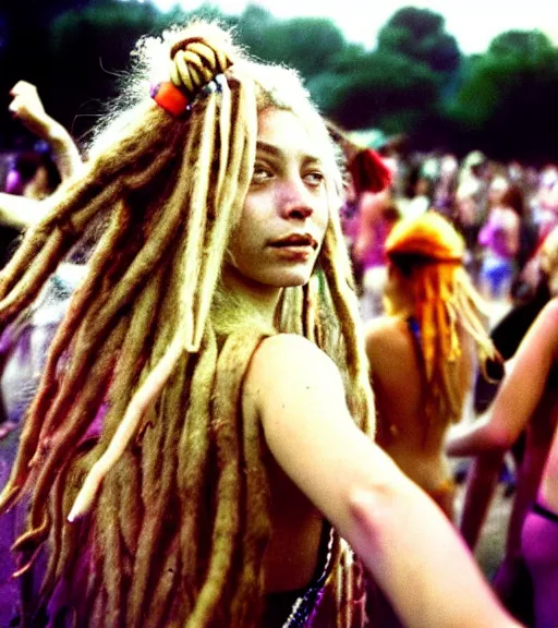 Prompt: portrait of a stunningly beautiful hippie girl with shoulder length blonde dreadlocks dancing at a rave festival, by bruce davidson