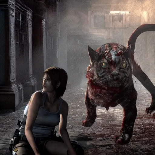 Prompt: the introduction of a new zombie in resident evil, a woman who can transform into a giant cat monster, digital image, 4 k uhd, rendered by re engine