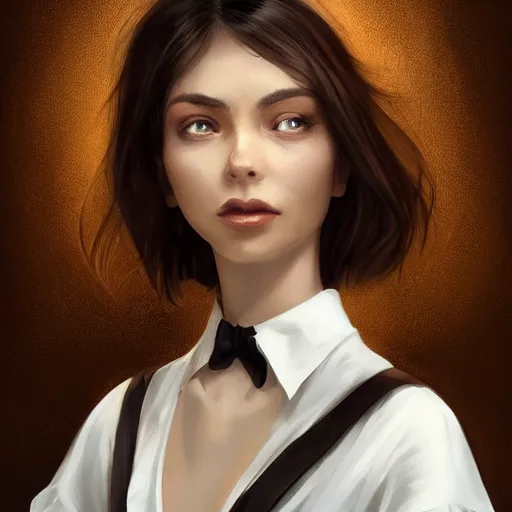 Image similar to epic portrait an woman wearing a white blouse with short sleeves and a black tie, beauty, pretty face, glossy skin, brown tied hair, digital painting, artstation, concept art, soft light, hdri, smooth, sharp focus, illustration, fantasy, intricate, elegant, highly detailed, D&D, matte painting, in the style of Greg Rutkowski and Alphonse Mucha and artemisia, 8k, highly detailed, jurgens, rutkowski, bouguereau, pastoral, rustic, georgic, detailed concept art, illustration, colorful pastel, painting, detail, ultra detailed, digital art, 4K,