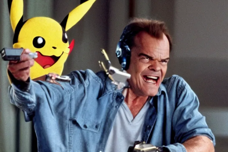 Image similar to Jack Nicholson plays Pikachu Terminator, action scene where he shoots from his gameboy