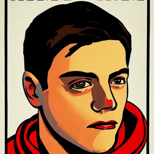 Prompt: Soviet era propaganda poster of Elliot Alderson in hoodie from television show Mr Robot (2015)