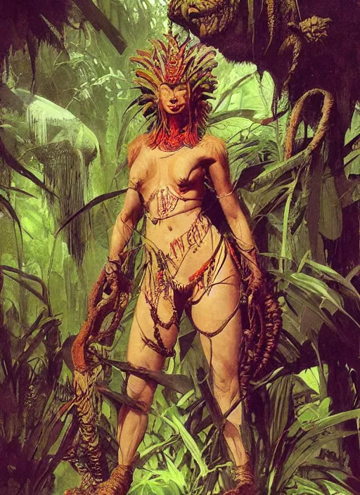 Prompt: a full body portrait of a jungle queen, intricate, elegant, highly detailed, vivid colors, john park, frazetta, sparth, ruan jia, jeffrey catherine jones