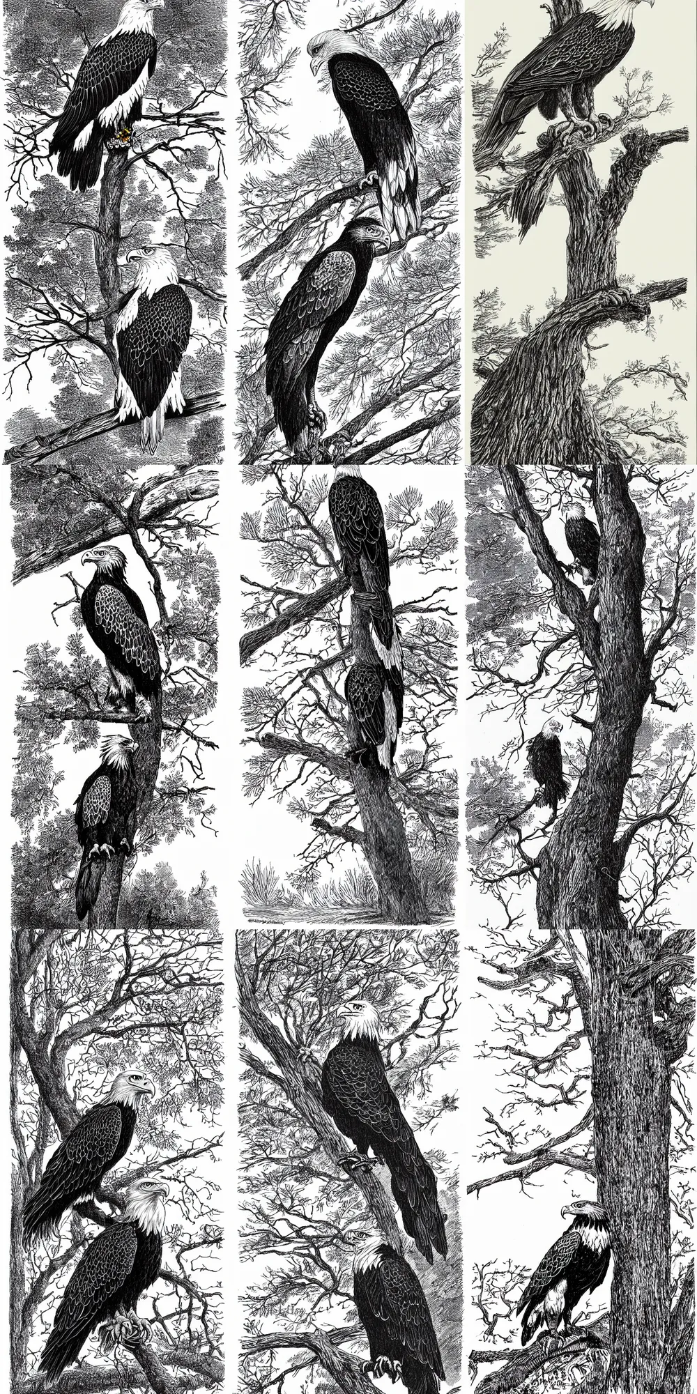 Prompt: eagle standing alone on a tree branch, by Currier & Ives, black and white, line art, pen & ink drawing, character concept