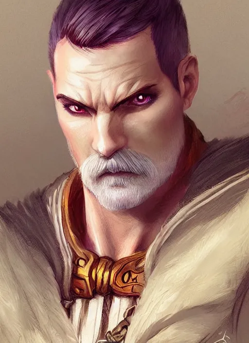 Image similar to young man with short white hair and moustache, dndbeyond, bright, colourful, realistic, dnd character portrait, full body, pathfinder, pinterest, art by ralph horsley, dnd, rpg, lotr game design fanart by concept art, behance hd, artstation, deviantart, hdr render in unreal engine 5