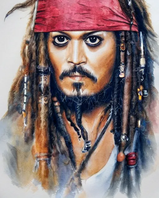 Image similar to portrait of captain jack sparrow, painterly style, matte illustration, watercolour