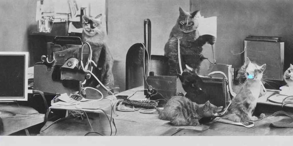 Image similar to an old black and white vintage film photo from 1890, very serious cats working in Tec support, frustrated and annoyed, funny, rotary phone and tools on the desk