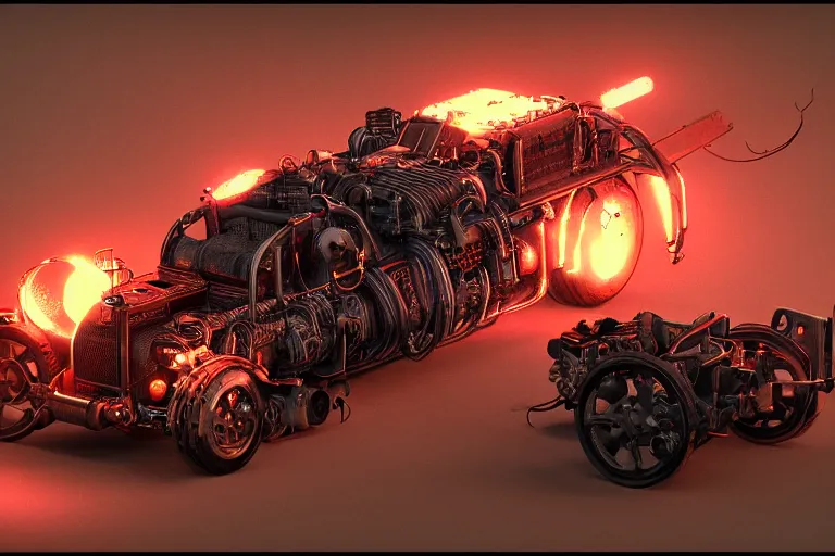 Image similar to hellfire engine strokeed by the echo, mad max, in the style of hannes bok and doug chiang and vernon grant, trending on artstation, back lighting rear view steampunk, blueprint, muted colors, gothic, tachisme