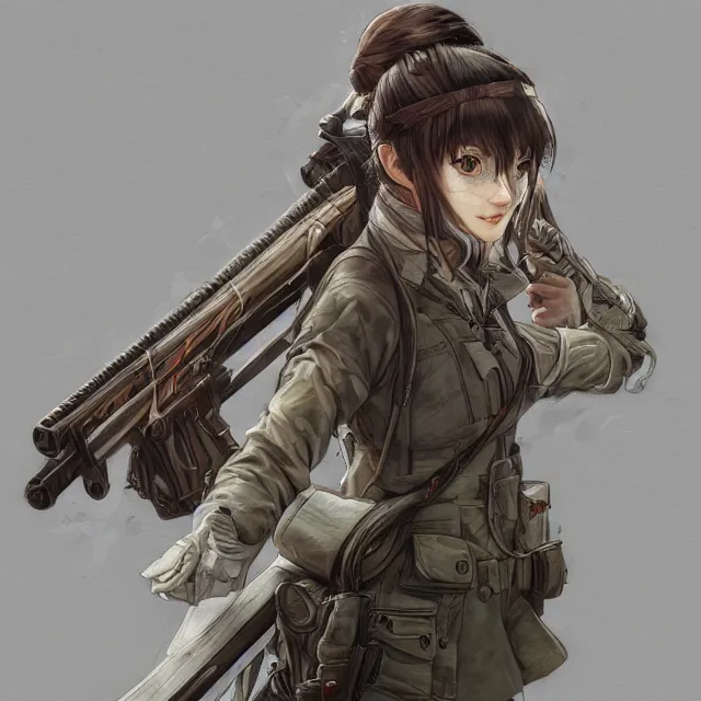 Image similar to the portrait of lawful neutral semi - colorful female infantry sniper as absurdly beautiful, gorgeous, elegant, young anime girl, an ultrafine hyperdetailed illustration by kim jung gi, irakli nadar, intricate linework, bright colors, octopath traveler, final fantasy, unreal engine 5 highly rendered, global illumination, radiant light, detailed and intricate environment