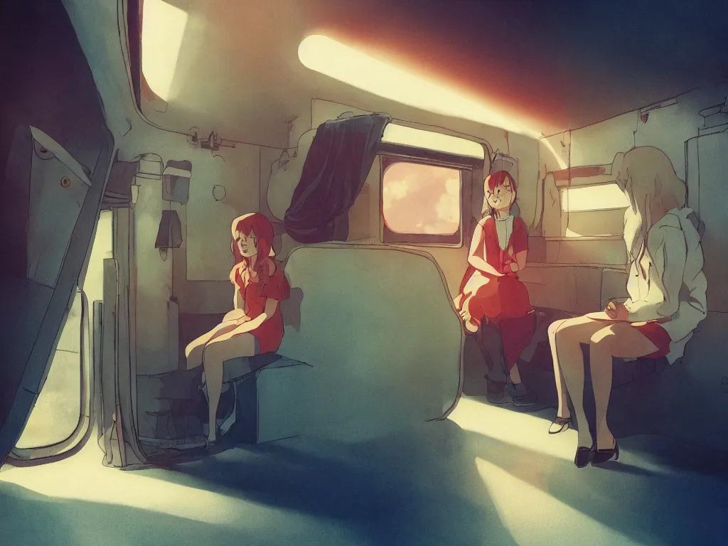 Prompt: lone girl waiting inside a 70s train, dreamy, stanley kubrick the shinning, vibrant colors americana, cinematic, volumetric lighting, god rays, sunset, side view, realistic, detailed, digital art, studio ghibli anime