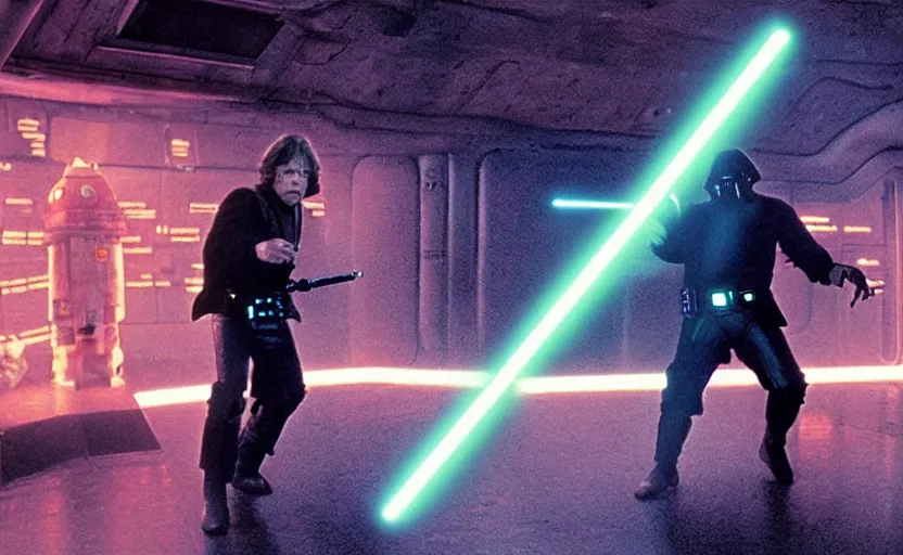 Prompt: screenshot portrait of Luke Skywalker lightsaber duel against a droid bounty hunter, in a seedy underground neon bar, iconic scene from 1980s film by Stanley Kubrick, 4k, cinematic still frame, cyberpunk sci fi architecture, portrait photoreal, detailed photo of Mark Hammill in the 1980s, moody lighting, stunning cinematography, hyper-detailed, sharp, anamorphic lenses, kodak color film stock