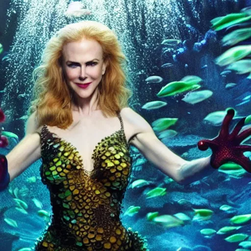 Image similar to Nicole Kidman as octopus woman (superhero), dramatic cinematic portrait, underwater