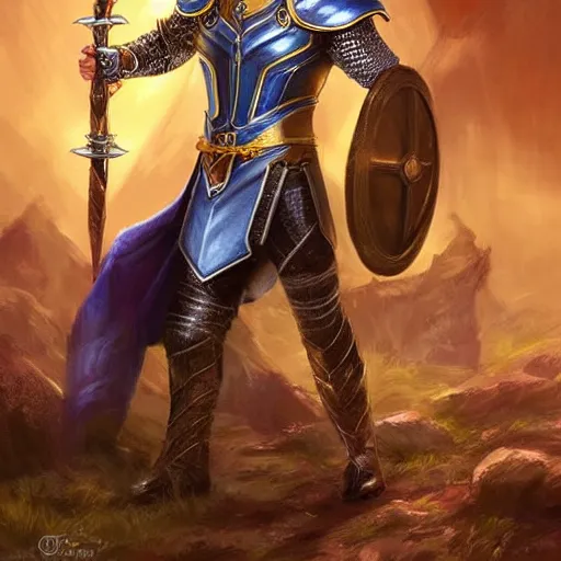 Prompt: A knight who looks like Thor with very short, slicked back, blonde hair style and a short beard, Athletic build. Wears chainmail with a blue robe and yellow cloak, Steel pauldrons, digital art, fantasy art, detailed, realistic, by Tony Sart