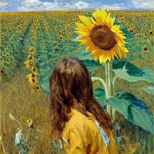 Image similar to a girl in amazing tall sunflower field, her hair flowing down, subtle, intricate details, real masterpiece, oil on canvas, by stanhope forbes, lucian freud