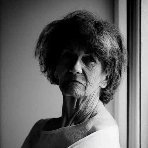 Image similar to black and white fashion photograph highly detailed portrait of a depressed beautiful mature model woman standing by the window, natural light, lomo, fashion photography, film grain, soft vignette, sigma 85mm f/1.4 1/10 sec shutter