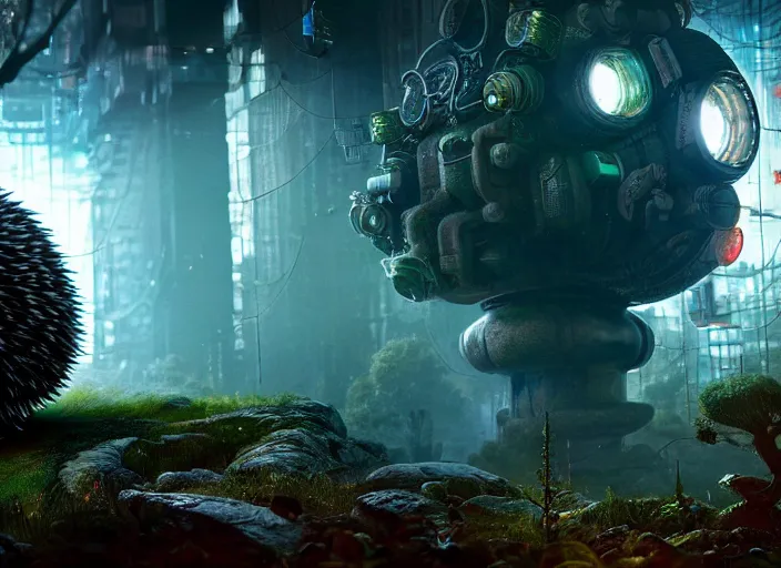 Image similar to giants mechanical hedgehog on the background of a weird magical mechanical forest. Very detailed 8k. Fantasy cyberpunk horror. Sharp. Cinematic post-processing. Unreal engine. Nanite. Ray tracing. Parallax. Tessellation