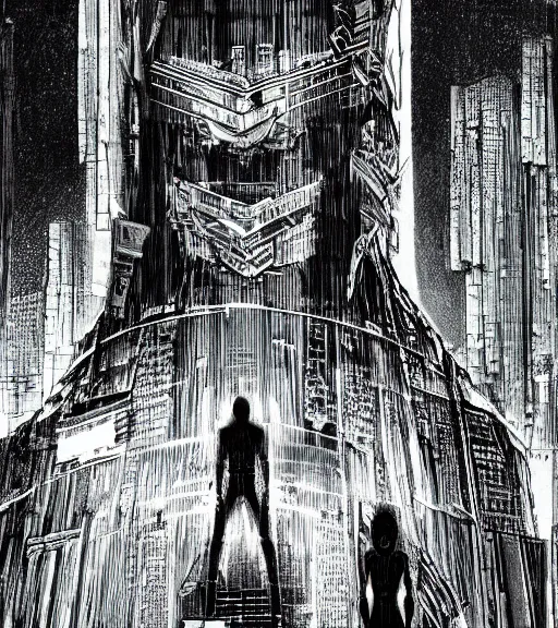 Image similar to tarkovsky scene, epic ancient tower of babylon above a woman in transparent cyber clothing, hyperrealistic, blame, manga style, drawing by tsutomu nihei, cyber world, concept art, hyper - detailed, smooth, masterpiece, epic, cinematic, high quality