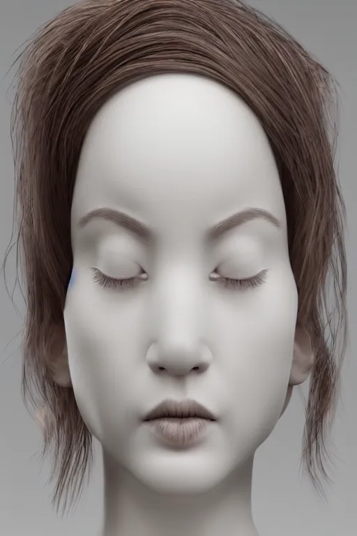 Prompt: full head and shoulders, beautiful female porcelain sculpture by 3 d artist, smooth, all white features on a white background, delicate facial features, white eyes, white lashes, detailed white snakes on the head