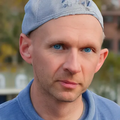 Image similar to color photograph of a 40 year old white Polish skinny man with short, curly, blond hair and very small blue eyes, dressed in a white t shirt, gray shorts and a gray cabby cap, with a small mole to the right of his very thin lips, with a straight nose and blond stubble, with a round face, and an earring in the left ear. He resembles a lion.