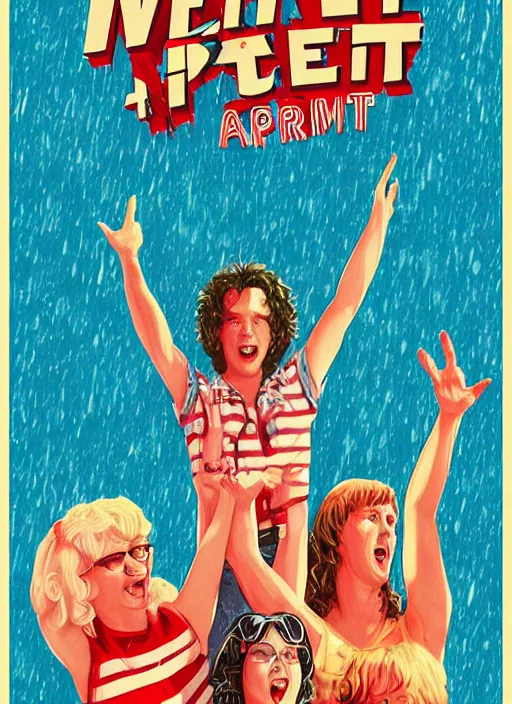 Image similar to wet hot american summer ( 2 0 0 1 ), poster art by sarah louisa kilpack, behance contest winner, american realism, poster art, movie poster, concert poster