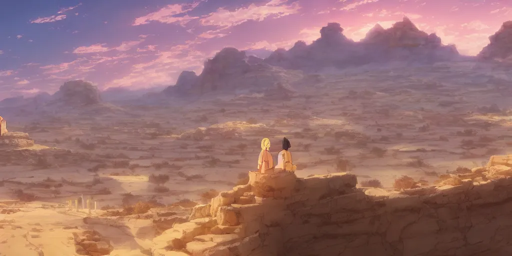 Image similar to a stunning desert landscape with an arabian palace on the horizon by makoto shinkai