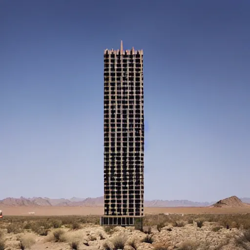 Prompt: brutalism skyscraper hotel in the desert