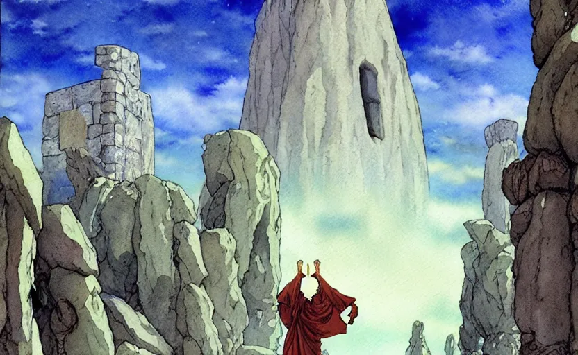 Image similar to a realistic anime watercolor fantasy concept art of a giant monk with a big forehead and a grey robe waving in stonehenge. an immense stone is floating in the air. by rebecca guay, michael kaluta, charles vess