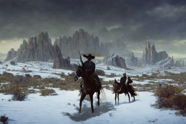 Prompt: an ultradetailed image of jense ackles as an old west gunfighter shooting at a charging wendigo, horrifying supernatural monsters, ultrawide lens, aerial photography, desert landscape with snowy mountains in the far background, masterpiece, 8 k, art by greg rutkowski and albert bierstadt