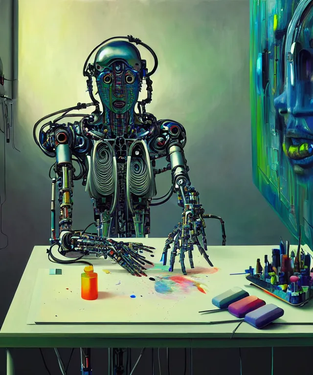 Image similar to photo of futuristic holy futuristic cyborg - robot - painter - artist creating a painting with acrylic paint and brushes in a futuristic artist studio by h. r giger, by, rich deep colors. masterpiece, intricate artwork by tooth wu and wlop and beeple, gaspar noe, james cameron,