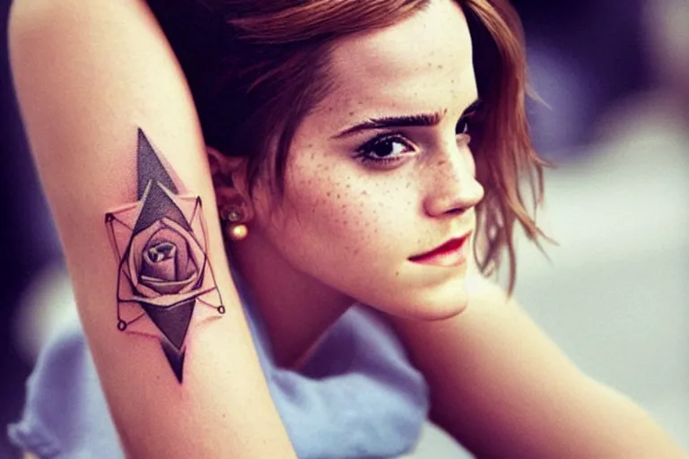 Image similar to emma watson, dope tattoo, hyperrealistic