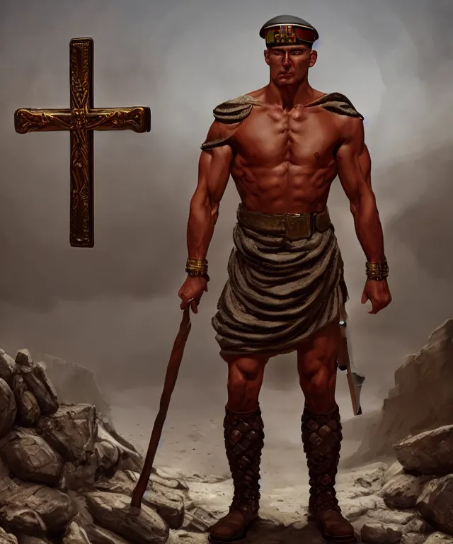 Image similar to muscular roman soldier with a white cross in the chest by simon bisley, dale keown and greg rutkowski, vivid color scheme, unreal engine 5