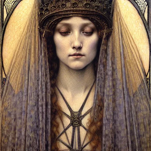 Image similar to detailed realistic beautiful young medieval queen face portrait by jean delville, gustave dore and marco mazzoni, art nouveau, symbolist, visionary, gothic, pre - raphaelite. horizontal symmetry