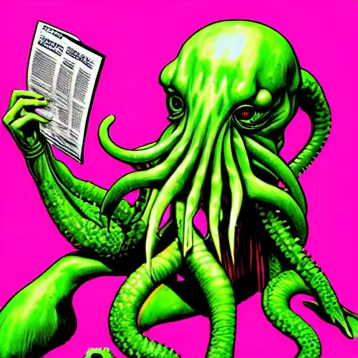 Prompt: humanoid cthulhu is in a pink and girly bathroom, he is sitting on a toilet, he is reading a newspaper. The mood is friendly and welcoming. dungeons and dragons style, highly detailed, digital painting, artstation, concept art, sharp focus, illustration, art by Josh kirby and John romita jr and moebius