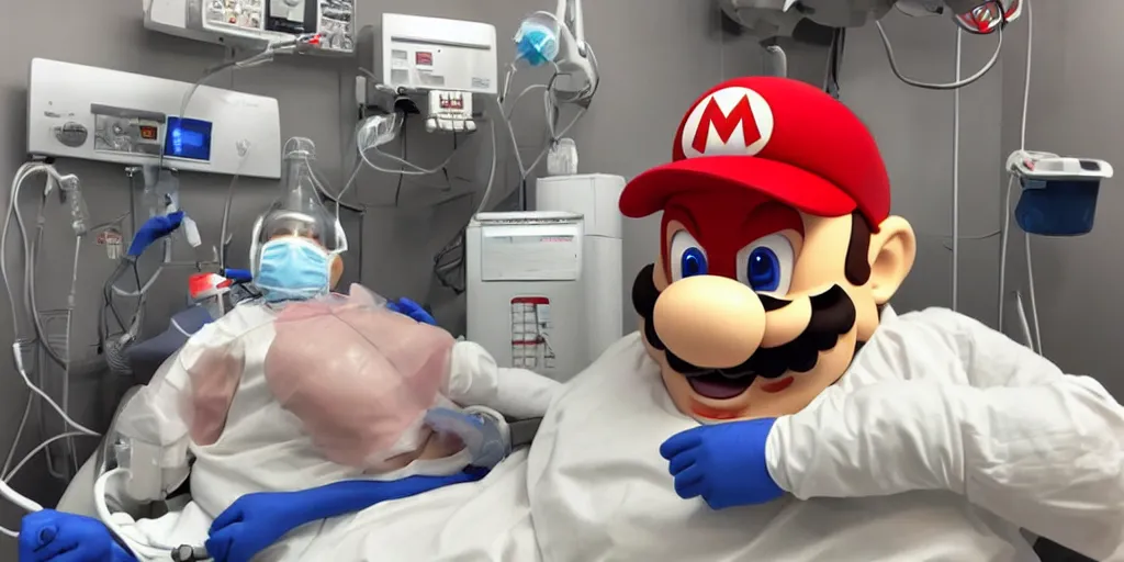 Image similar to anthropomorphic mario as an anesthesiologist, sitting in chair, ventilator machine, photo