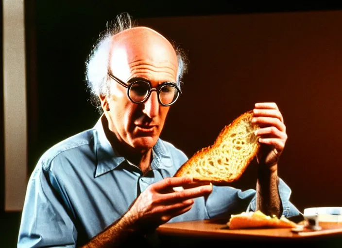 Image similar to a scene from 1 9 8 2 the thing larry david eating a sandwich, vhs distortion, cathode ray tube distortion, folk horror, hauntology, 8 k, 8 5 mm f 1. 8, studio lighting, rim light, right side key light