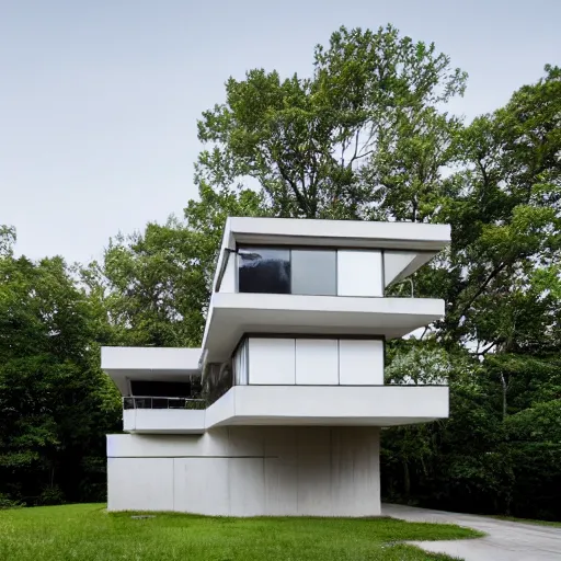 Image similar to second story cantilevered white brutalist elevated home on top of 2 large oblong piers