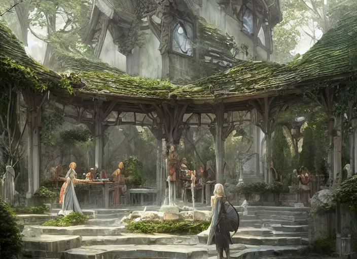 Image similar to A tavern inside a beautiful elven city made of white marble, anime, lush trees, fountain, a fantasy digital painting by Greg Rutkowski and James Gurney, trending on Artstation, highly detailed