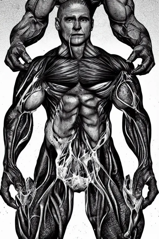 Image similar to black and white illustration, creative design, body horror, muscle monster