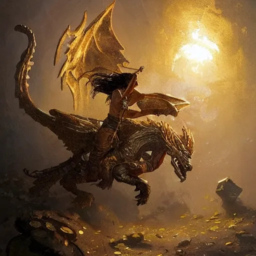 Prompt: a halfling ranger riding a golden dragon in an underground chamber, piles of gold coins scattered around the floor, fantasy painting by greg rutkowski