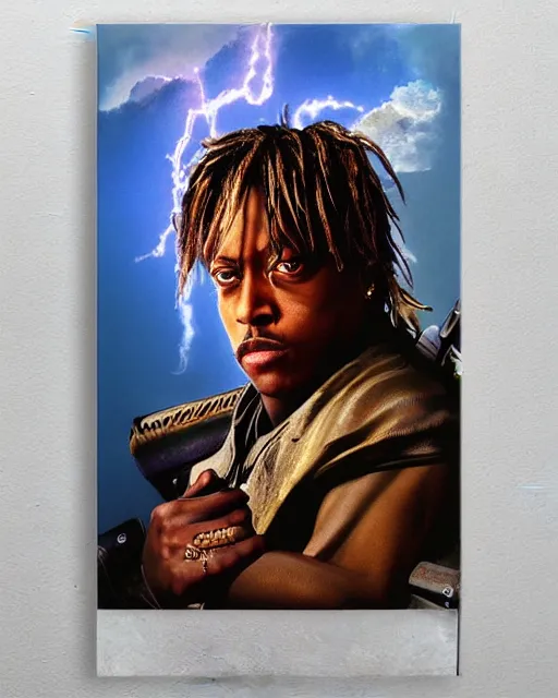 Image similar to juice wrld in dystopian raider mad max post apocalpytic, airbrush, drew struzan illustration art, key art, movie poster