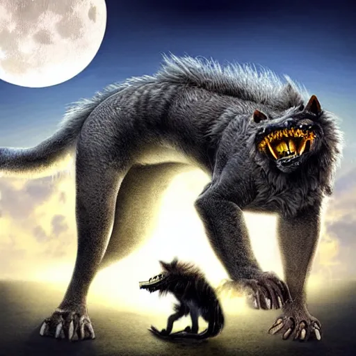 Prompt: Furred chimera with crocodile's body and a wolve's head, concept art, illuminated by full moon, professional photoshop artwork, highly detailed, one subject, full body concept art