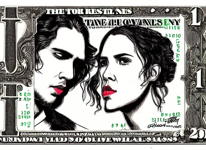 Image similar to reylo kissing dollar bill design