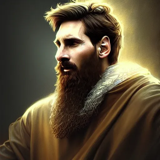 Image similar to Messi with a majestic beard, closeup, D&D, fantasy, intricate, elegant, highly detailed, digital painting, artstation, concept art, matte, sharp focus, illustration, art by Artgerm and Greg Rutkowski and Alphonse Mucha