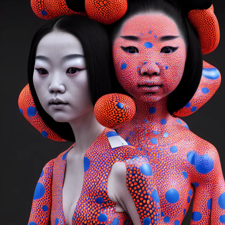 Image similar to hyperrealistic detailed image of a geisha in a art installation room, hd smooth interior by yayoi kusama, part by kei mieno, part by ross tran, dark art by james jean, ultra realistic, highly detailed, life like face, detailed body, 8 k, 3 d render by roger magrini, very cohesive, masterpiece