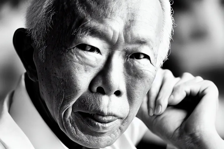 Image similar to black and white portrait photo of lee kuan yew, slight smile, natural light, low contrast, photo by Peter Lindbergh, 8K