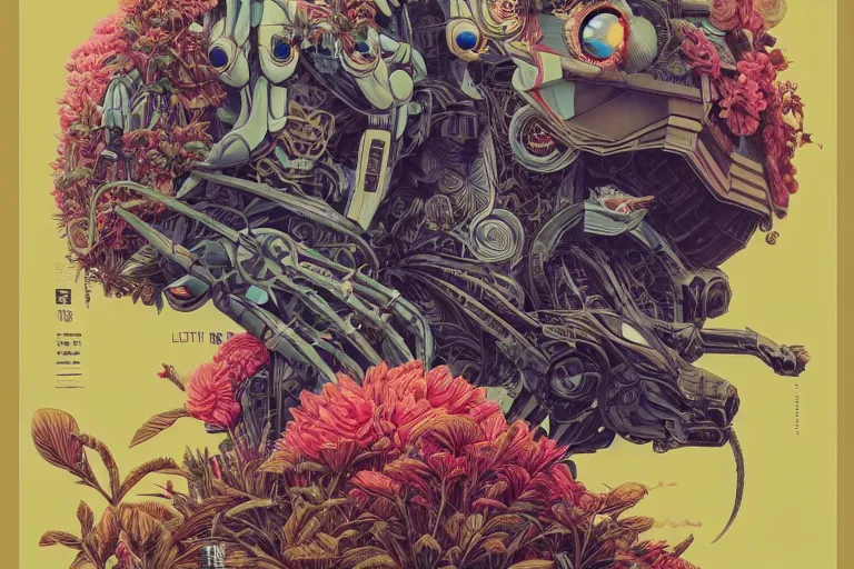 Image similar to gigantic mecha head, a lot of exotic vegetation, trees, flowers by moebius, dull colors, junji ito, tristan eaton, victo ngai, artgerm, rhads, ross draws, hyperrealism, intricate detailed, risograph